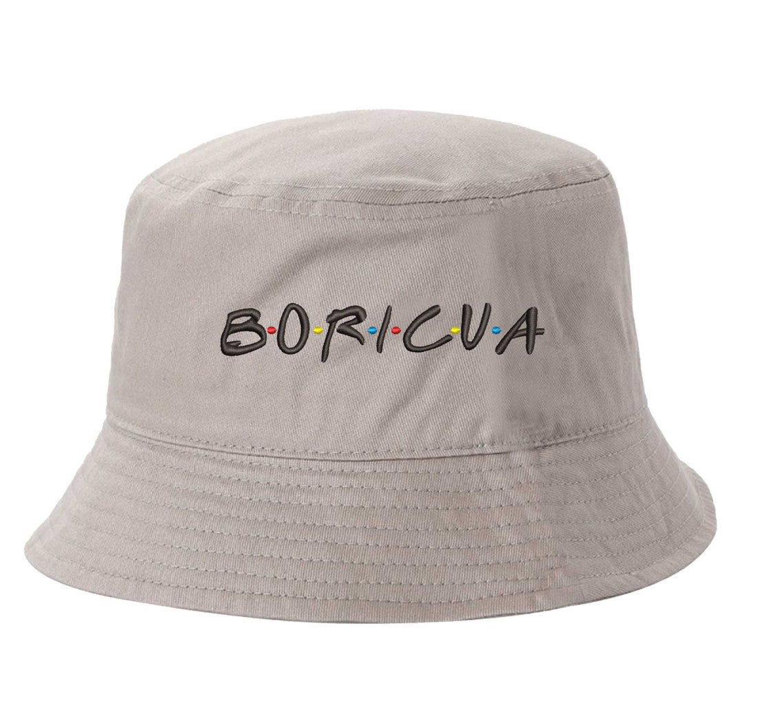 Khaki DSY Lifestyle bucket hat with Boricua embroidered in vibrant ‘FRIENDS’ font  lettering - DSY Lifestyle