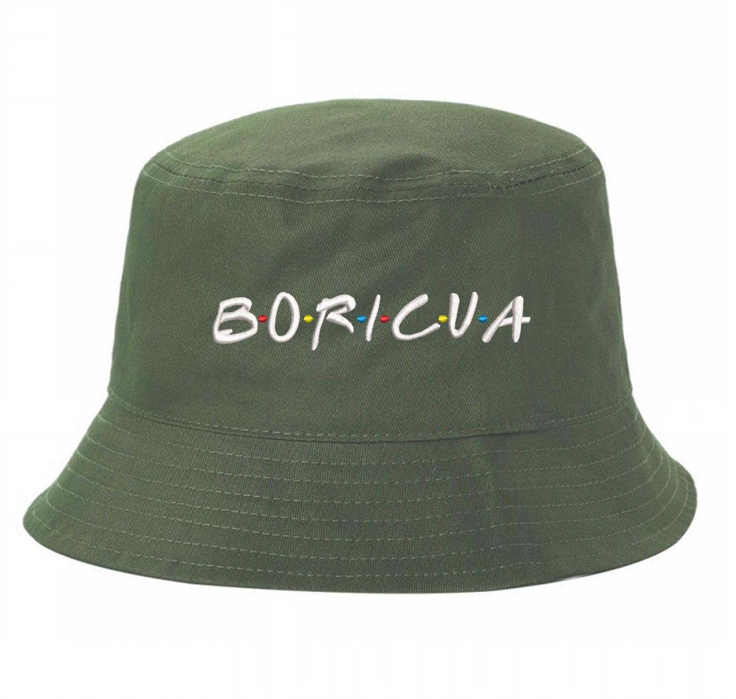Olive DSY Lifestyle bucket hat with Boricua embroidered in vibrant ‘FRIENDS’ font  lettering - DSY Lifestyle