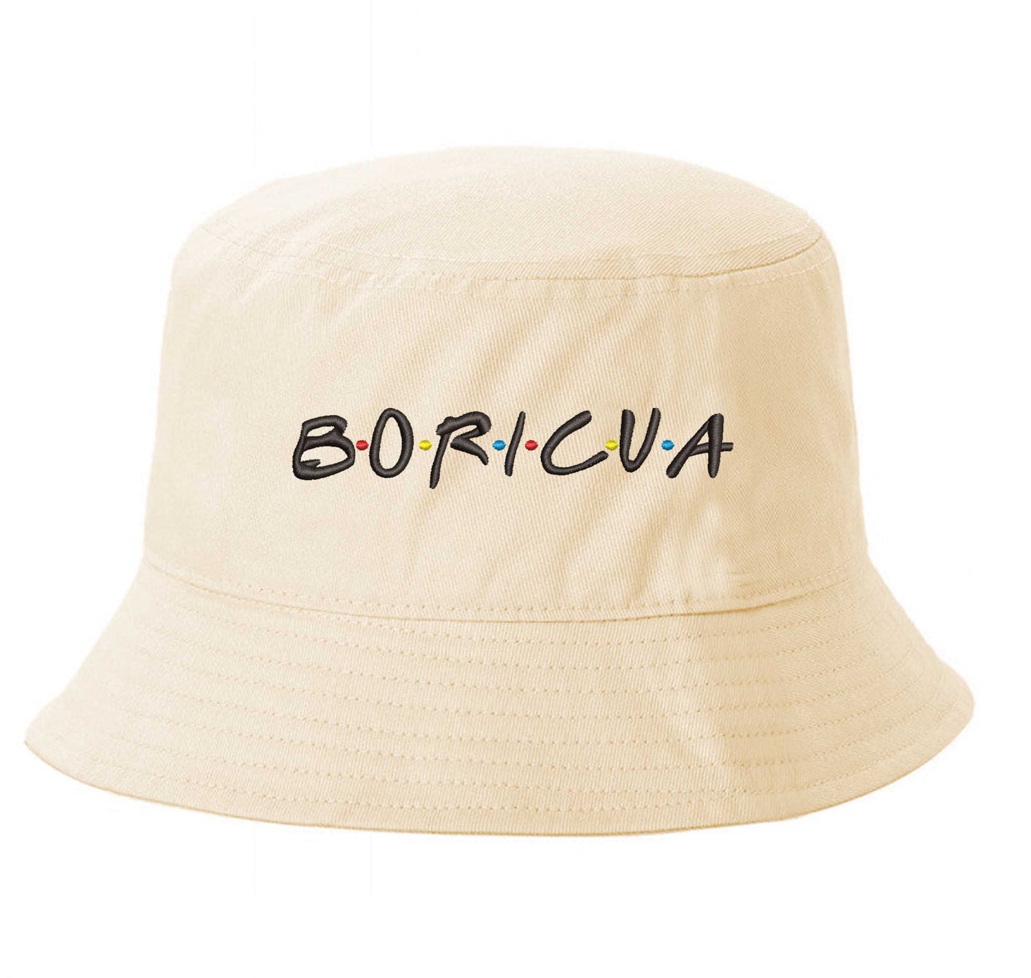 Stone DSY Lifestyle bucket hat with Boricua embroidered in vibrant ‘FRIENDS’ font  lettering - DSY Lifestyle