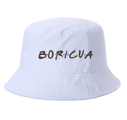White DSY Lifestyle bucket hat with Boricua embroidered in vibrant ‘FRIENDS’ font  lettering - DSY Lifestyle