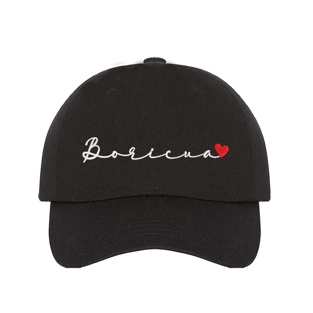 Black embroidered baseball hat with &quot;Boricua&quot; stitched in cursive and a small heart accent, symbolizing Puerto Rican pride and love - DSY Lifestyle 
