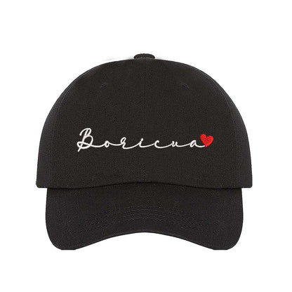 Black embroidered baseball hat with &quot;Boricua&quot; stitched in cursive and a small heart accent, symbolizing Puerto Rican pride and love - DSY Lifestyle 