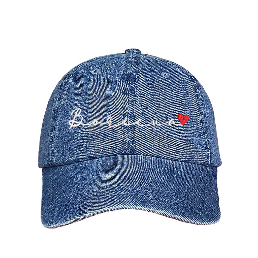 Light Denim embroidered baseball hat with &quot;Boricua&quot; stitched in cursive and a small heart accent, symbolizing Puerto Rican pride and love - DSY Lifestyle