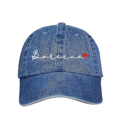 Light Denim embroidered baseball hat with &quot;Boricua&quot; stitched in cursive and a small heart accent, symbolizing Puerto Rican pride and love - DSY Lifestyle