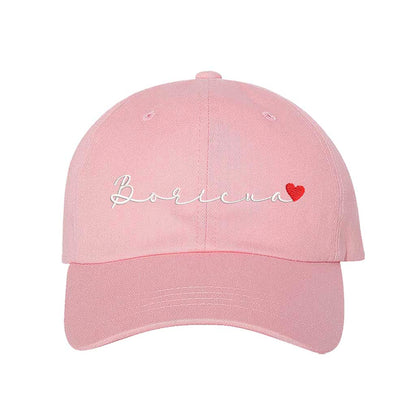Light Pink embroidered baseball hat with &quot;Boricua&quot; stitched in cursive and a small heart accent, symbolizing Puerto Rican pride and love - DSY Lifestyle 