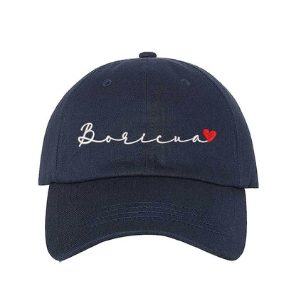 Navy Blue embroidered baseball hat with &quot;Boricua&quot; stitched in cursive and a small heart accent, symbolizing Puerto Rican pride and love - DSY Lifestyle 