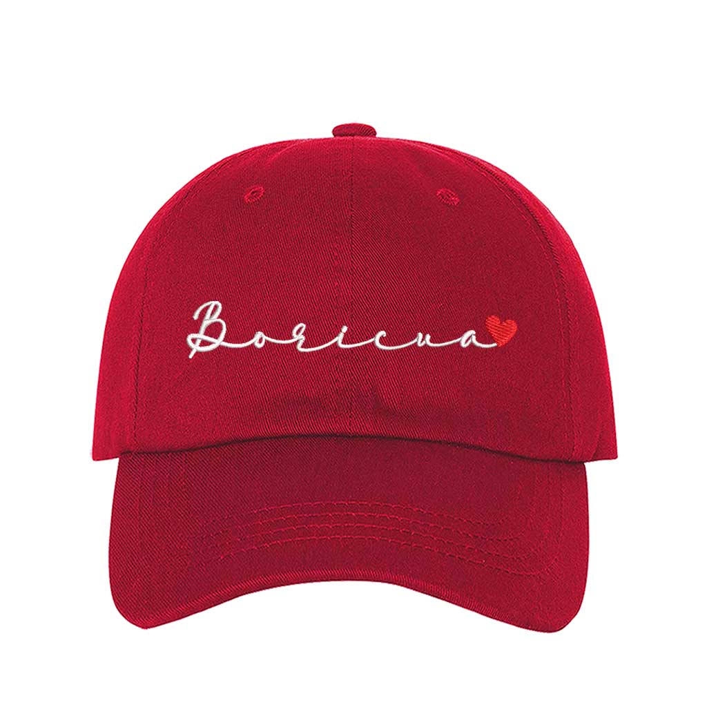 Red embroidered baseball hat with &quot;Boricua&quot; stitched in cursive and a small heart accent, symbolizing Puerto Rican pride and love - DSY Lifestyle 