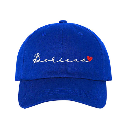 Royal Blue embroidered baseball hat with &quot;Boricua&quot; stitched in cursive and a small heart accent, symbolizing Puerto Rican pride and love - DSY Lifestyle 