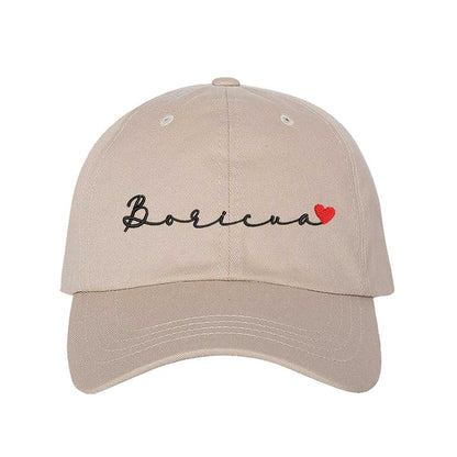 Stone embroidered baseball hat with &quot;Boricua&quot; stitched in cursive and a small heart accent, symbolizing Puerto Rican pride and love - DSY Lifestyle 