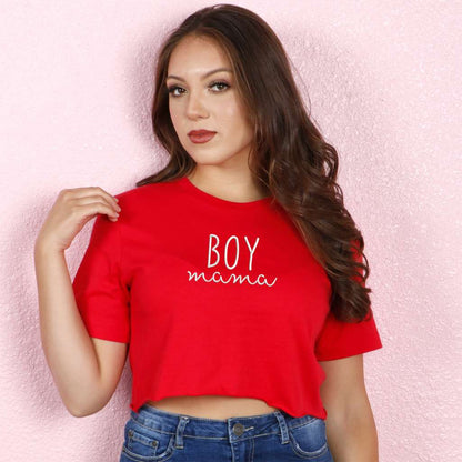 Female wearing a red crop top embroidered with Boy Mama- DSY Lifestyle