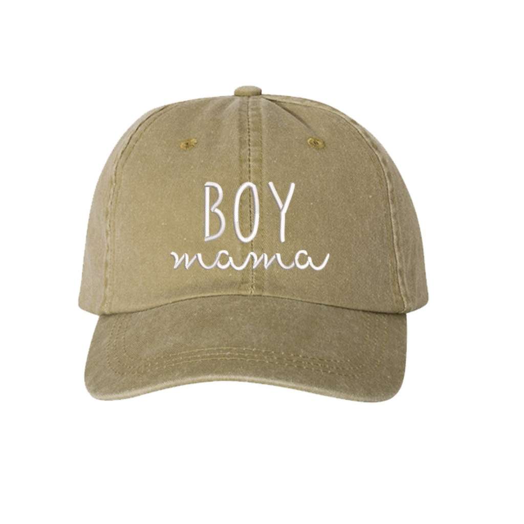 Khaki Washed Baseball Hat embroidered with Boy Mama in white - DSY Lifestyle