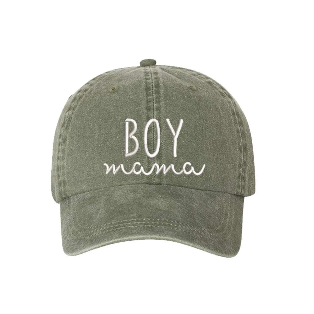 Olive Washed Baseball Hat embroidered with Boy Mama in white - DSY Lifestyle