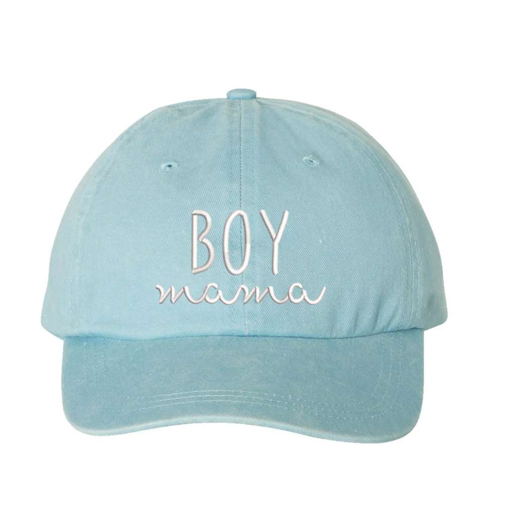 Sky Blue Washed Baseball Hat embroidered with Boy Mama in white - DSY Lifestyle