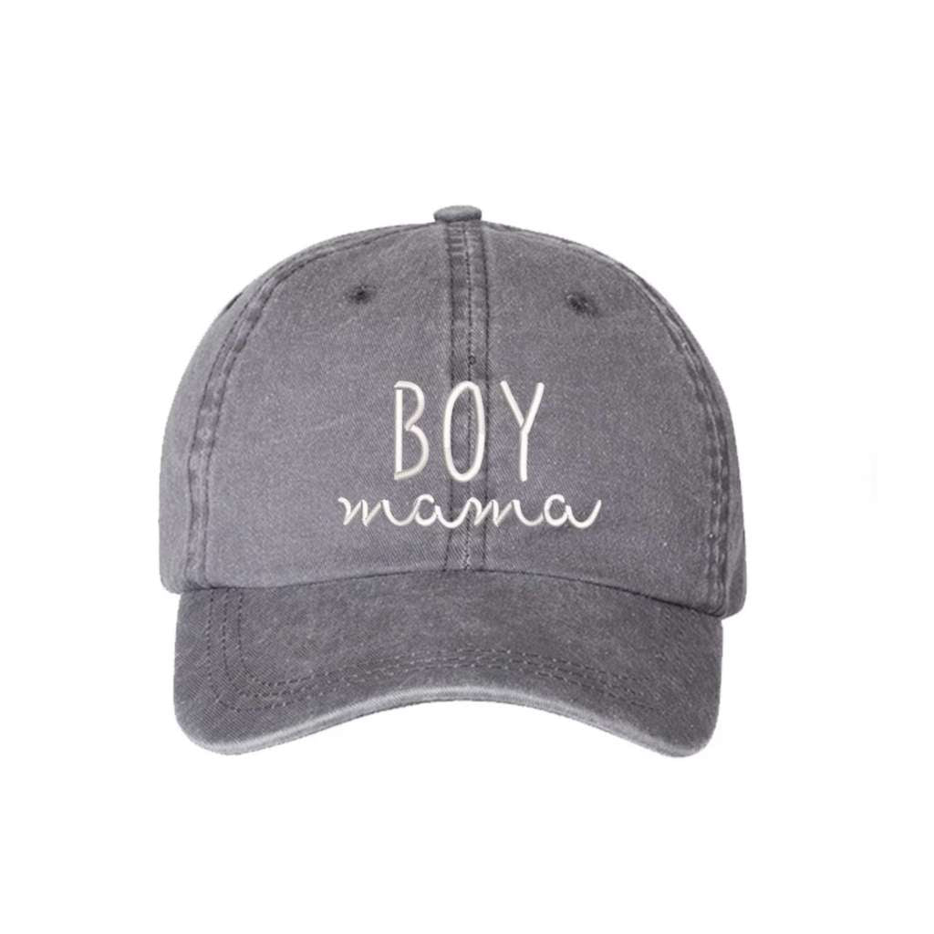 Gray Washed Baseball Hat embroidered with Boy Mama in white - DSY Lifestyle