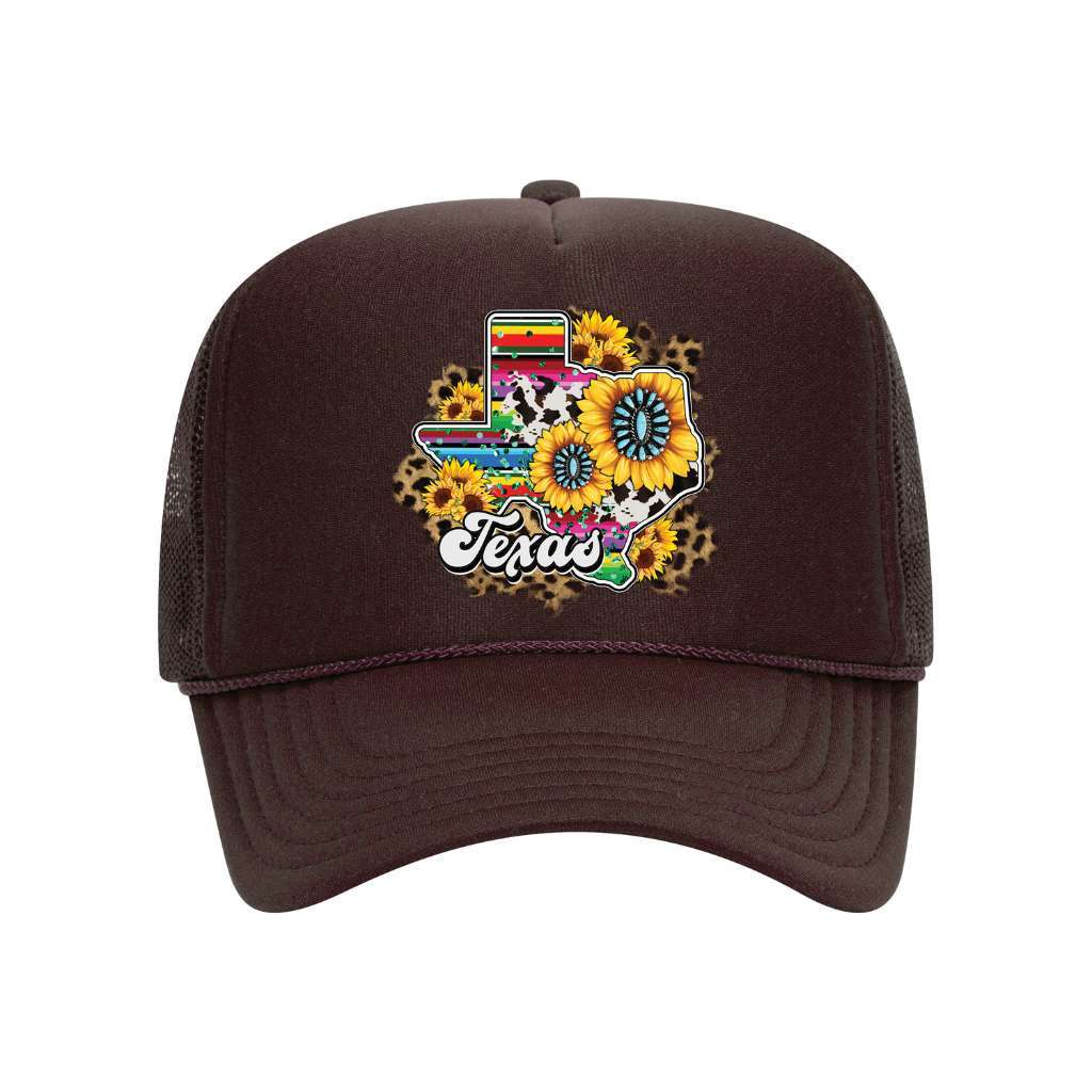 Brown foam trucker hat printed with the texas map and sunflowers around it-DSY Lifestyle