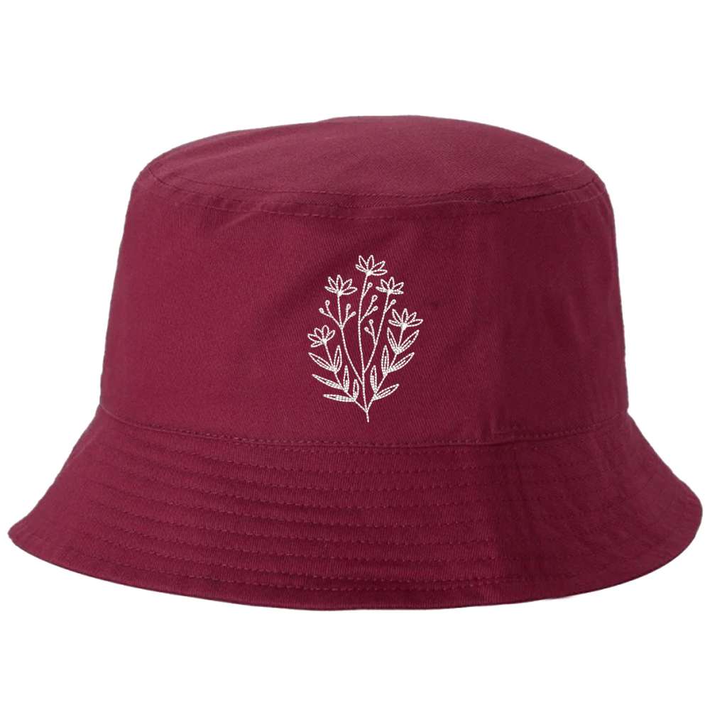 Burgundy bucket hat with a wildflower embroidered on it- DSY Lifestyle