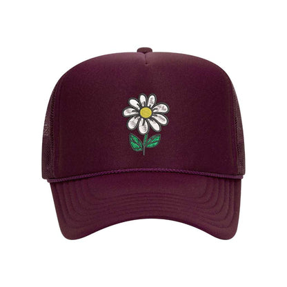 Burgundy foam trucker hat embroidered with a daisy stem flower- DSY Lifestyle