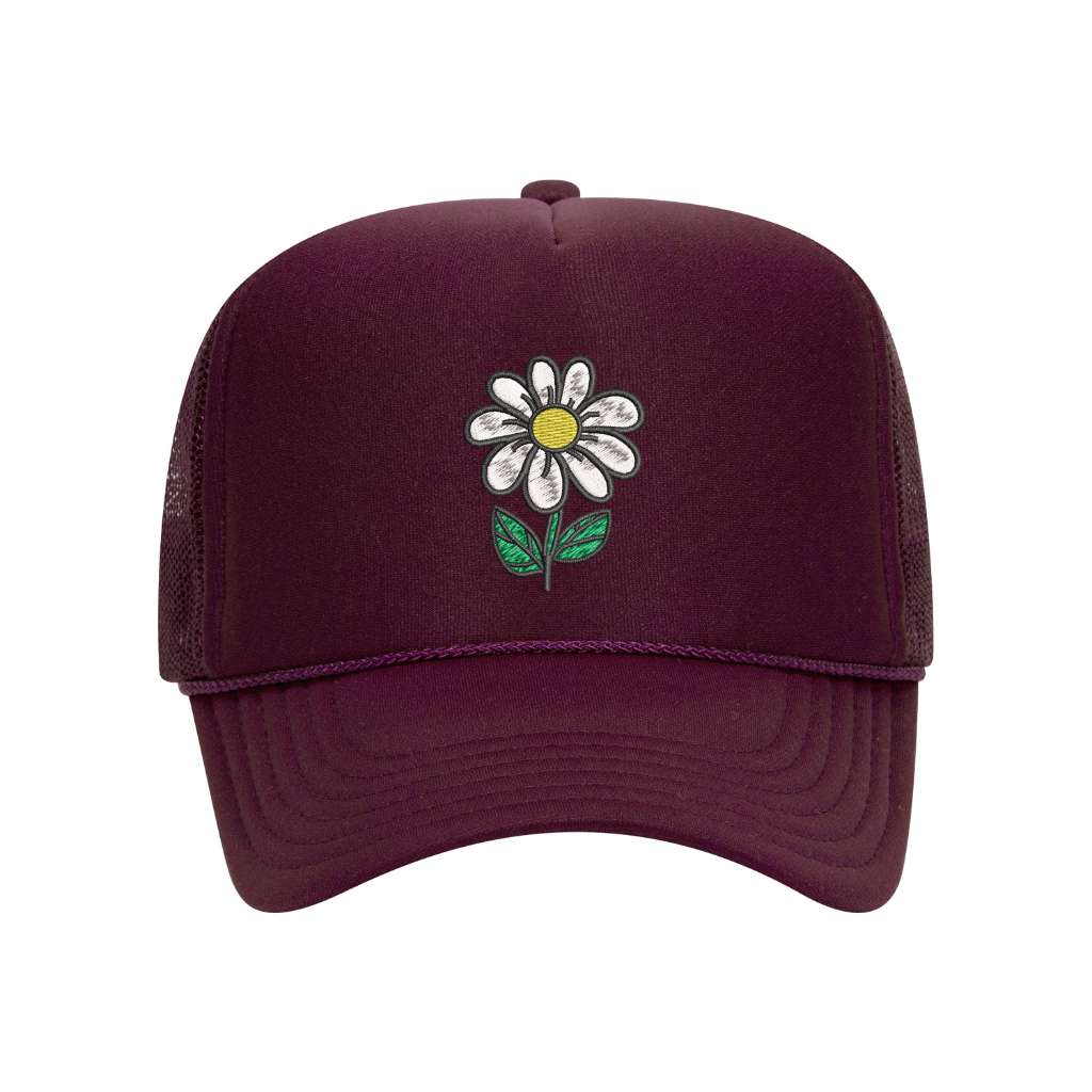 Burgundy foam trucker hat embroidered with a daisy stem flower- DSY Lifestyle