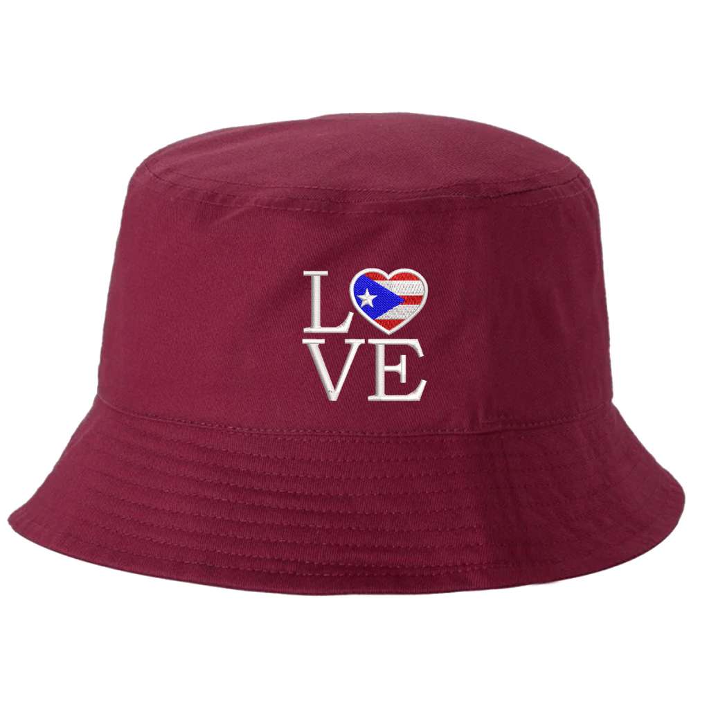 Burgundy bucket hag embroidered with the word love but the o is a heart and has the puerto rican flag inside- DSY Lifestyle