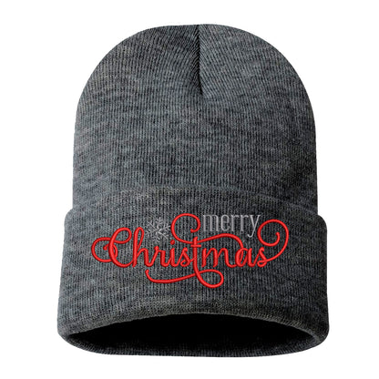 Charcoal Gray Merry Christmas Snowflakes Embroidered Beanie Cap featuring festive embroidered snowflakes and warm winter knit design – DSY Lifestyle