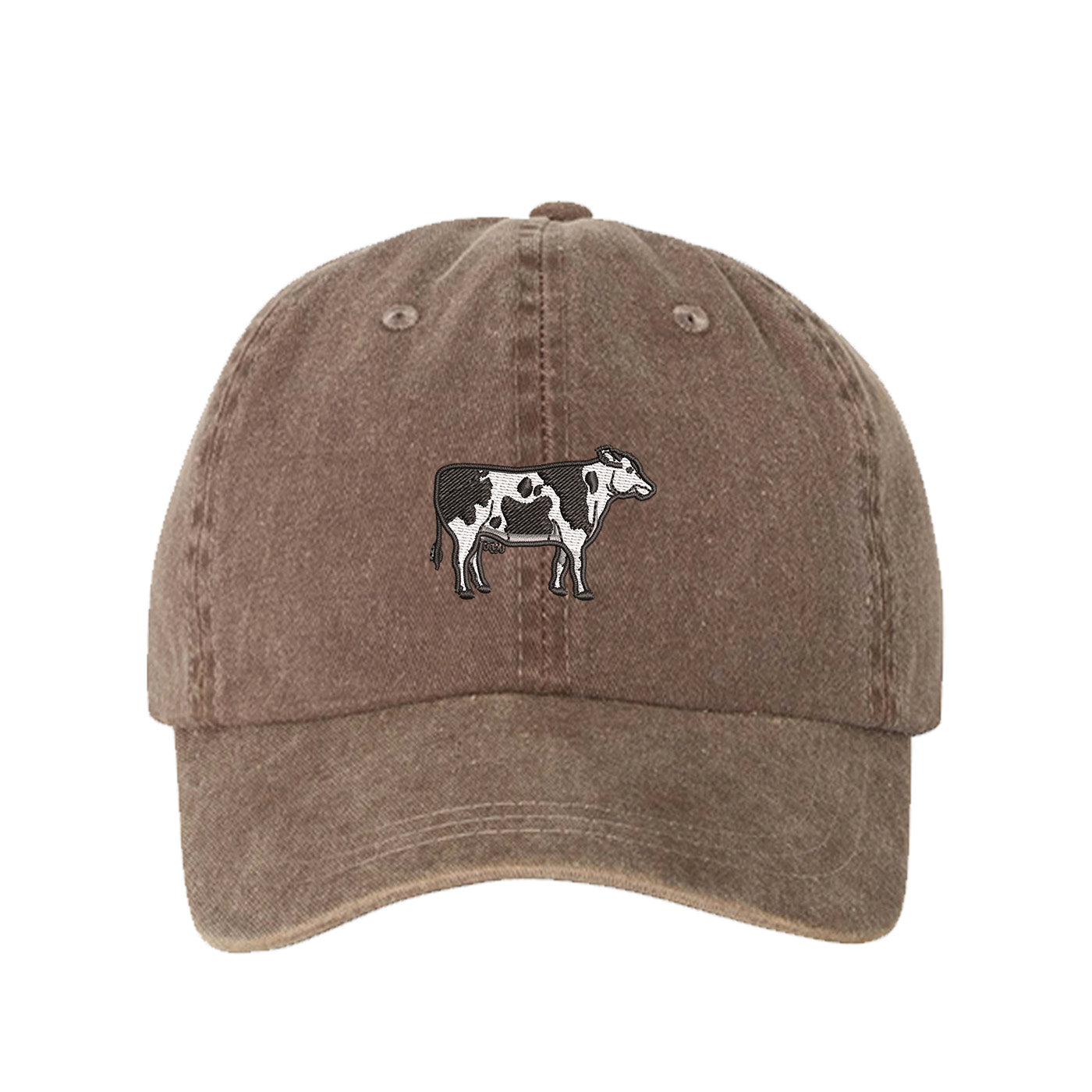 Brown Holstein Cow Washed Baseball Hat featuring a detailed black and white Holstein cow embroidered on a premium washed cotton crown; a heritage-inspired farm life piece by DSY Lifestyle.