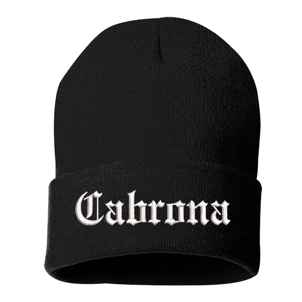 Black beanie with Cabrona text on a white background