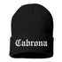 Black beanie with Cabrona text on a white background