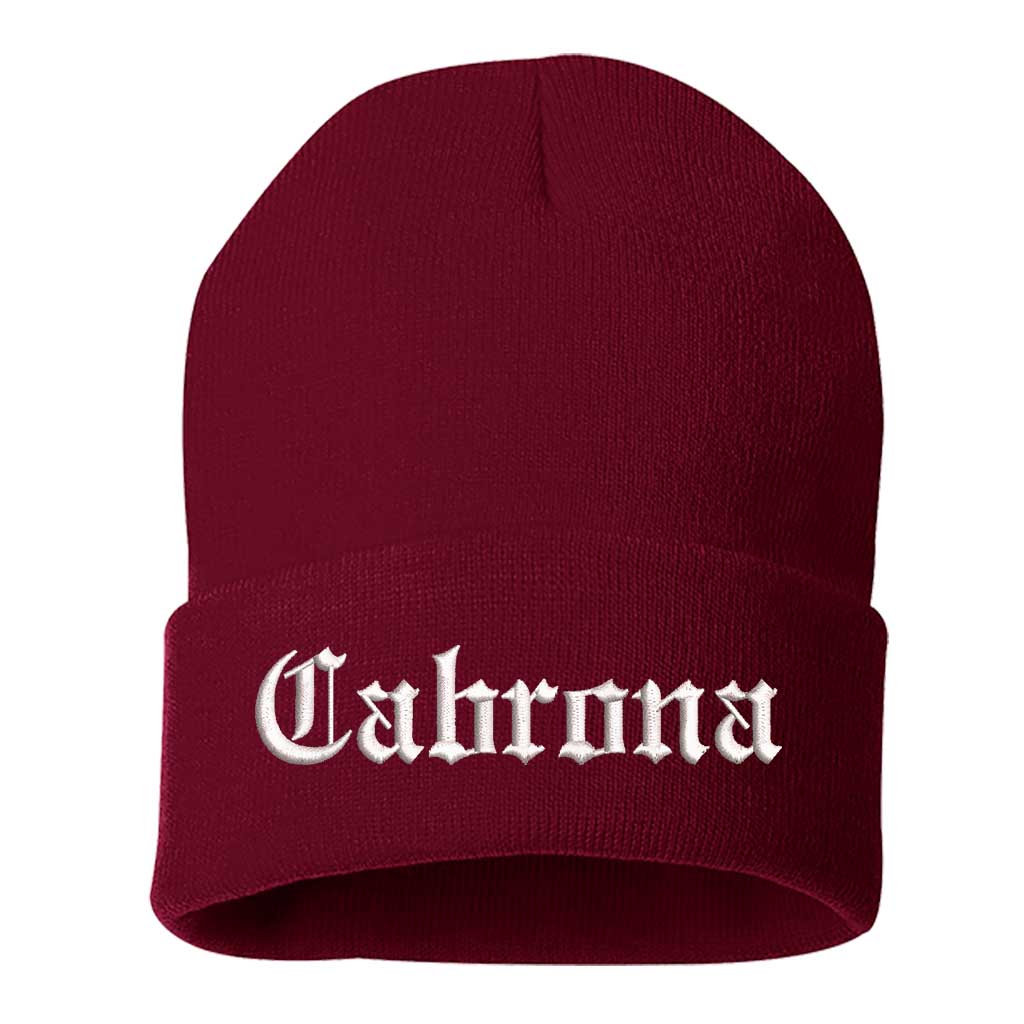 Maroon beanie with Cabrona embroidered on a white background