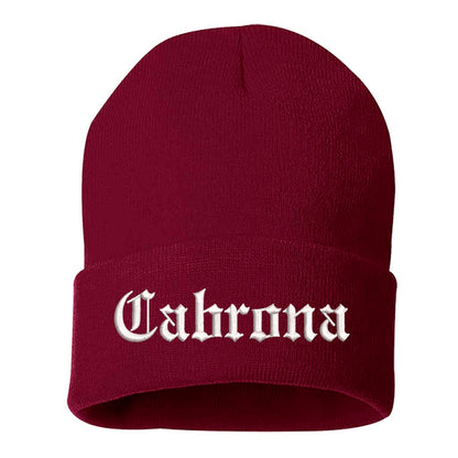 Maroon beanie with Cabrona embroidered on a white background
