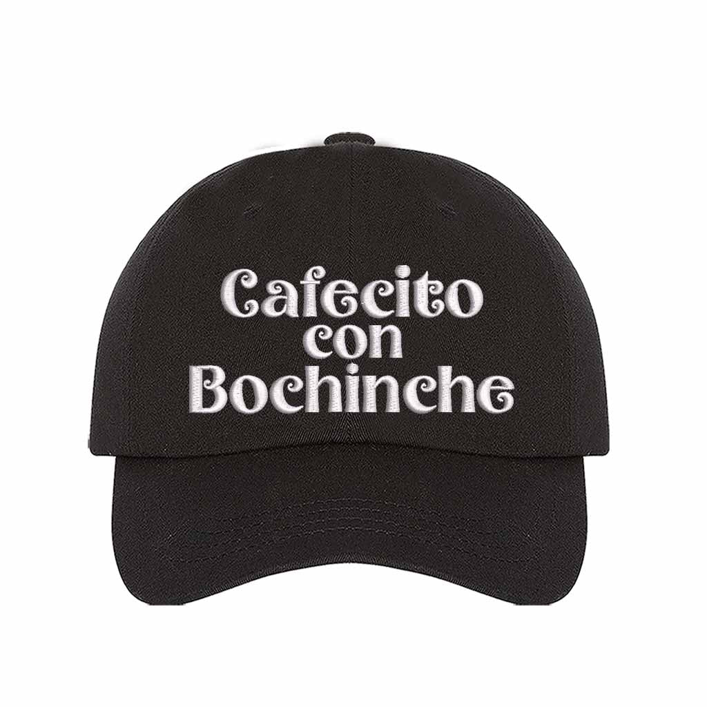 Black Cafecito con Bochinche Embroidered Baseball Hat featuring premium embroidery, adjustable hook and loop closure, and breathable cotton material – DSY Lifestyle