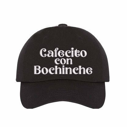 Black Cafecito con Bochinche Embroidered Baseball Hat featuring premium embroidery, adjustable hook and loop closure, and breathable cotton material – DSY Lifestyle