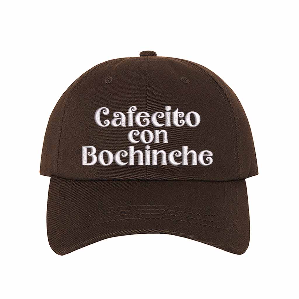 Brown Cafecito con Bochinche Embroidered Baseball Hat featuring premium embroidery, adjustable hook and loop closure, and breathable cotton material – DSY Lifestyle
