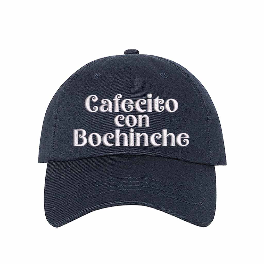 Navy Blue Cafecito con Bochinche Embroidered Baseball Hat featuring premium embroidery, adjustable hook and loop closure, and breathable cotton material – DSY Lifestyle