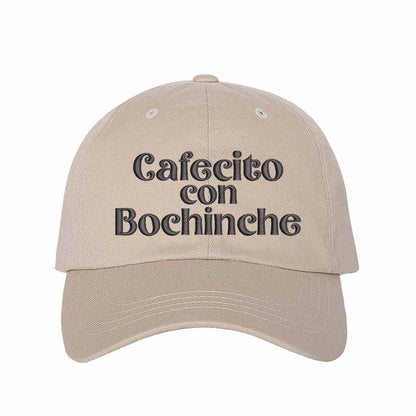 Stone with black thread Cafecito con Bochinche Embroidered Baseball Hat featuring premium embroidery, adjustable hook and loop closure, and breathable cotton material – DSY Lifestyle