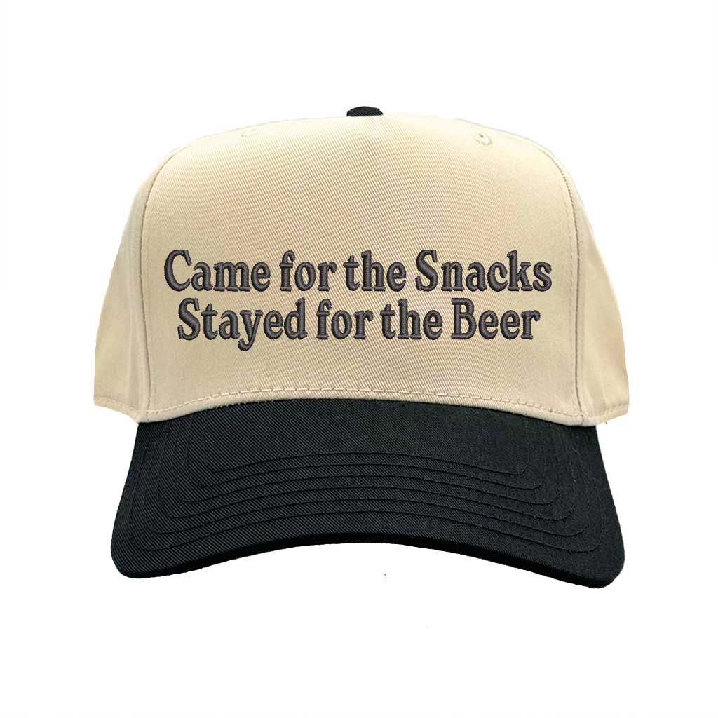 Natural Black Came For The Snacks Stayed For The Beer Two-Tone 5-Panel Embroidered Baseball Hat featuring bold lettering on a stylish snapback cap, perfect for BBQs, tailgates, and weekend fun - DSY Lifestyle