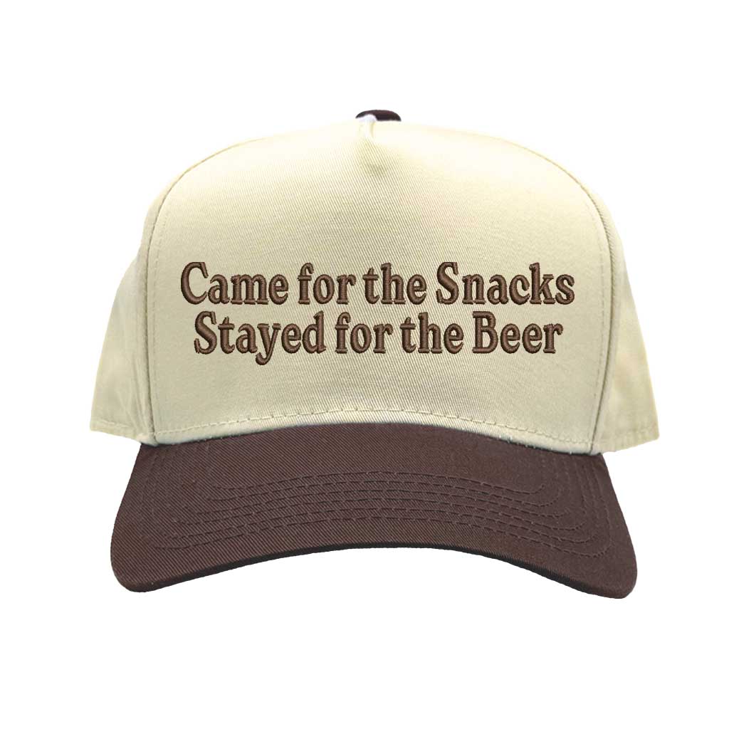 Natural Brown Came For The Snacks Stayed For The Beer Two-Tone 5-Panel Embroidered Baseball Hat featuring bold lettering on a stylish snapback cap, perfect for BBQs, tailgates, and weekend fun - DSY Lifestyle