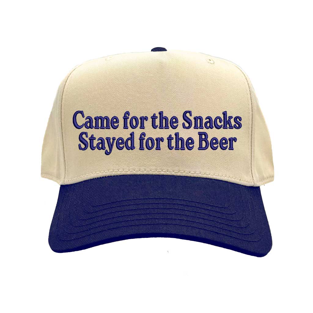 Natural Navy Blue Came For The Snacks Stayed For The Beer Two-Tone 5-Panel Embroidered Baseball Hat featuring bold lettering on a stylish snapback cap, perfect for BBQs, tailgates, and weekend fun - DSY Lifestyle
