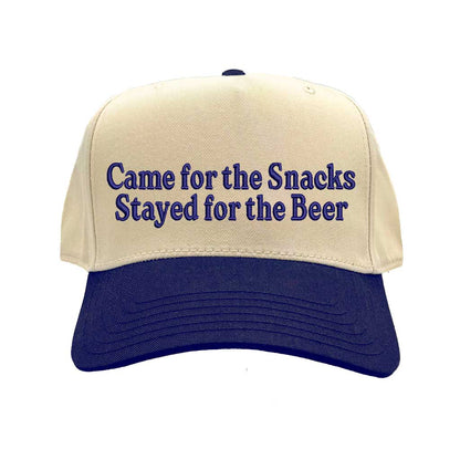 Natural Navy Blue Came For The Snacks Stayed For The Beer Two-Tone 5-Panel Embroidered Baseball Hat featuring bold lettering on a stylish snapback cap, perfect for BBQs, tailgates, and weekend fun - DSY Lifestyle