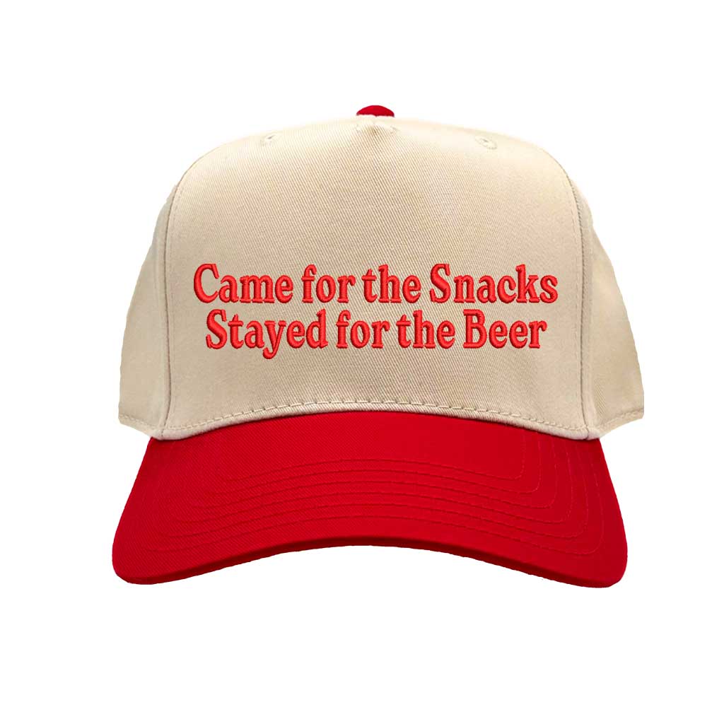 Natural Red Came For The Snacks Stayed For The Beer Two-Tone 5-Panel Embroidered Baseball Hat featuring bold lettering on a stylish snapback cap, perfect for BBQs, tailgates, and weekend fun - DSY Lifestyle