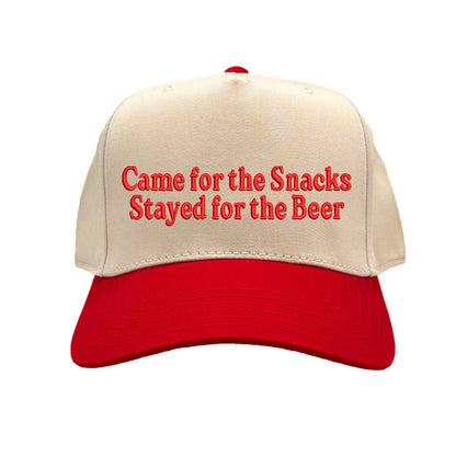 Natural Red Came For The Snacks Stayed For The Beer Two-Tone 5-Panel Embroidered Baseball Hat featuring bold lettering on a stylish snapback cap, perfect for BBQs, tailgates, and weekend fun - DSY Lifestyle