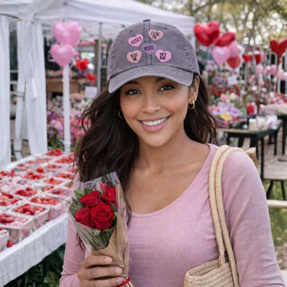Cute female in flower shop wearing a Gray Candy Hearts Washed Baseball Hat featuring colorful pastel conversation heart embroidery on a vintage washed dad cap by DSY Lifestyle.