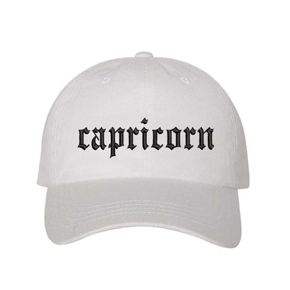 White Capricorn Baseball Hat, a zodiac statement hat for confident, goal-driven style with everyday appeal. DSY Lifestyle.
