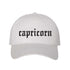 White Capricorn Baseball Hat, a zodiac statement hat for confident, goal-driven style with everyday appeal. DSY Lifestyle.
