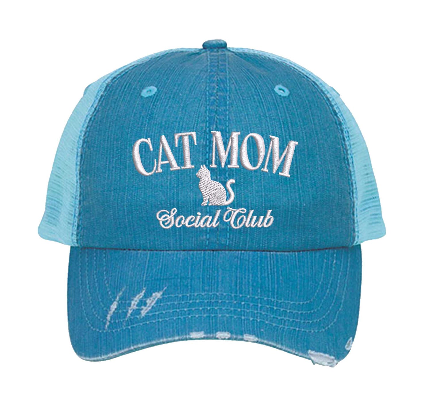 Aqua Cat Mom Social Club Distressed Trucker Hat. This premium vintage-style cap is the perfect gift for the unapologetically bold, featuring a breathable mesh back and custom embroidery. - DSY Lifestyle