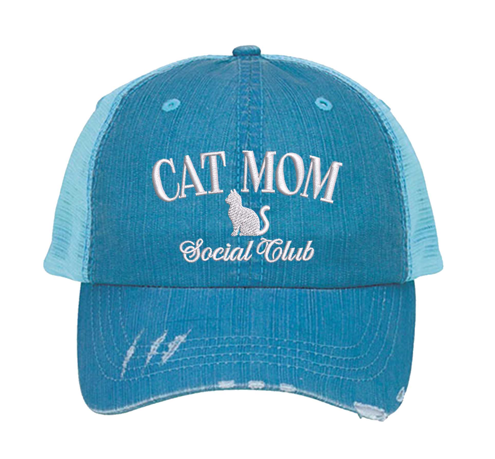 Aqua Cat Mom Social Club Distressed Trucker Hat. This premium vintage-style cap is the perfect gift for the unapologetically bold, featuring a breathable mesh back and custom embroidery. - DSY Lifestyle