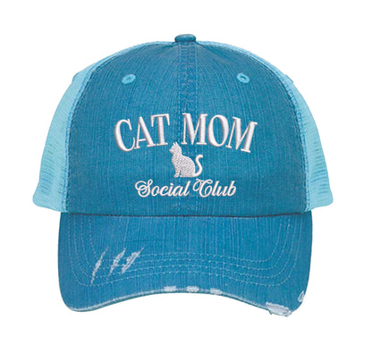 Aqua Cat Mom Social Club Distressed Trucker Hat. This premium vintage-style cap is the perfect gift for the unapologetically bold, featuring a breathable mesh back and custom embroidery. - DSY Lifestyle