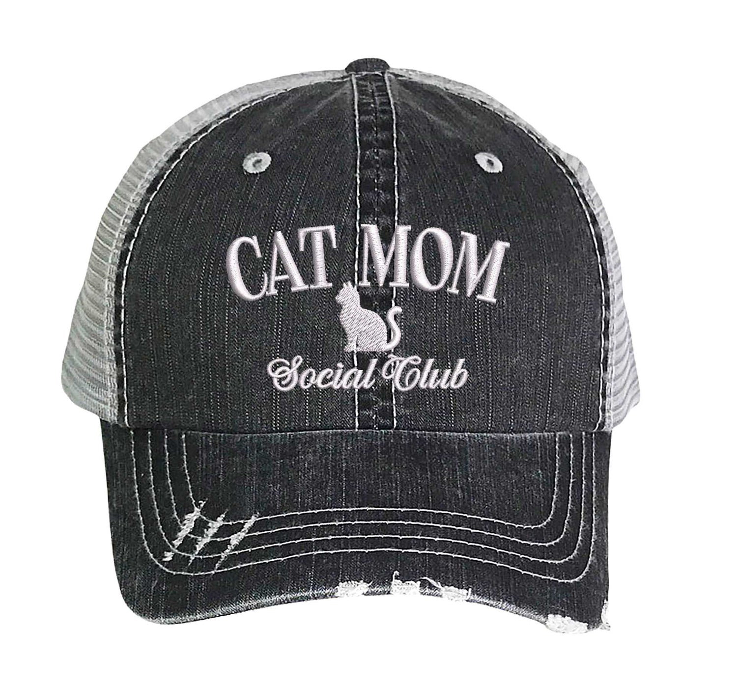 Black Cat Mom Social Club Distressed Trucker Hat. This premium vintage-style cap is the perfect gift for the unapologetically bold, featuring a breathable mesh back and custom embroidery. - DSY Lifestyle