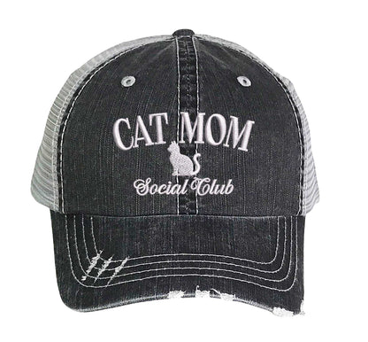 Black Cat Mom Social Club Distressed Trucker Hat. This premium vintage-style cap is the perfect gift for the unapologetically bold, featuring a breathable mesh back and custom embroidery. - DSY Lifestyle