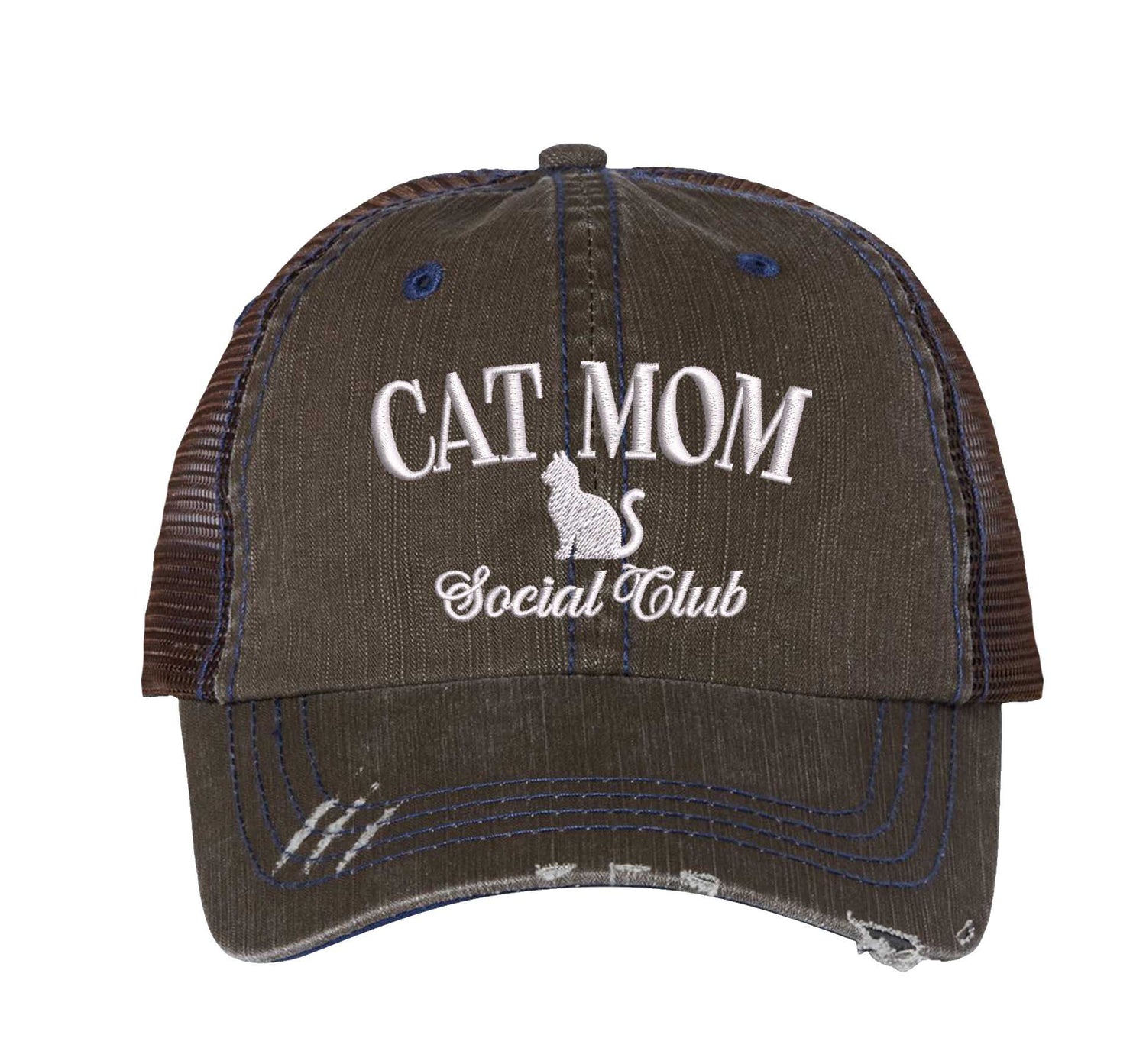 Chocolate Brown Cat Mom Social Club Distressed Trucker Hat. This premium vintage-style cap is the perfect gift for the unapologetically bold, featuring a breathable mesh back and custom embroidery. - DSY Lifestyle 