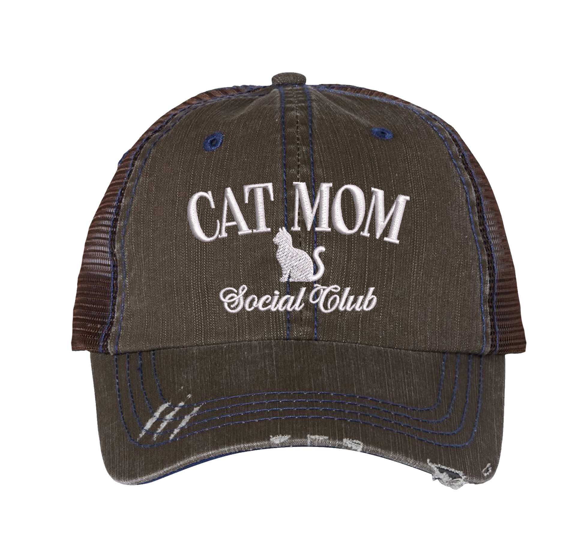 Chocolate Brown Cat Mom Social Club Distressed Trucker Hat. This premium vintage-style cap is the perfect gift for the unapologetically bold, featuring a breathable mesh back and custom embroidery. - DSY Lifestyle 